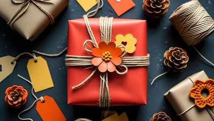 Rustic Gift Wrapping Flat Lay: Kraft Paper Package with Orange Accents
