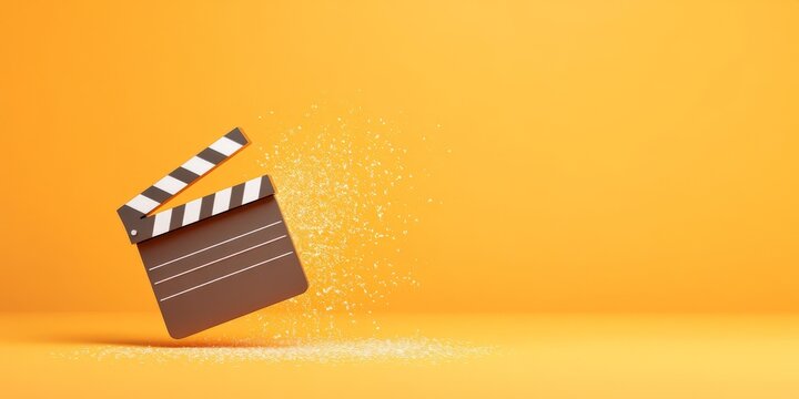 A film clapperboard disperses into sparkling particles against a bright orange background, symbolizing creativity and cinematic magic.