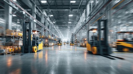 Obraz premium Fast-Paced Warehouse Operation with Yellow Forklifts in a High-Capacity Storage Facility