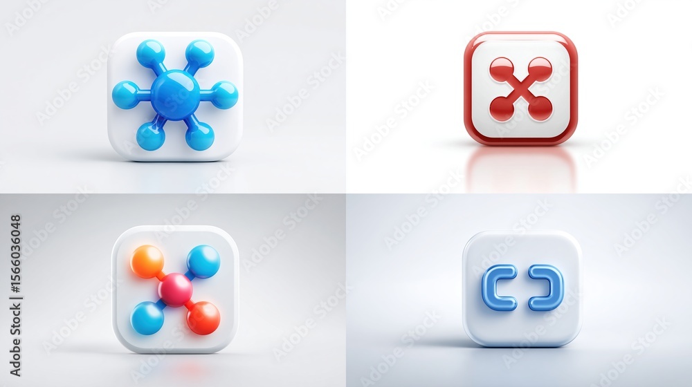 Poster four square buttons display colorful network icons on clean gray gradient backgrounds