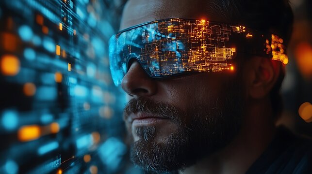 Man with futuristic glasses looking at data display