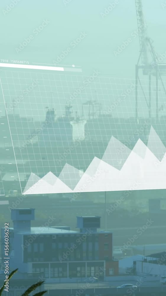 Poster animation of statistical data processing against aerial view of cityscape