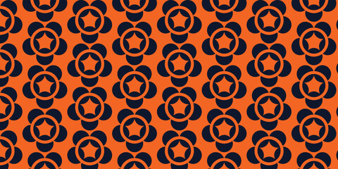 Seamless geometric pattern with black flowers, circles and stars on an orange background