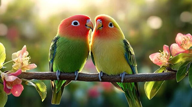 Two vibrant lovebirds perched on a branch with soft, bokeh background. One bird has a red and green plumage, while the other displays yellow and green tones. The branch is adorned with pink flowers
