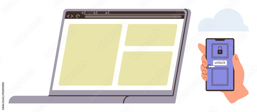 Poster laptop screen and smartphone in hand with lock symbol and unlock option represent two-factor authent