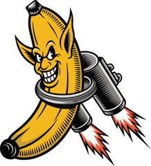 Evil Banana with Jetpack Cartoon Illustration