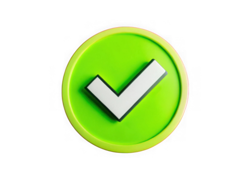 Bright green circle with white check mark isolated on transparent background