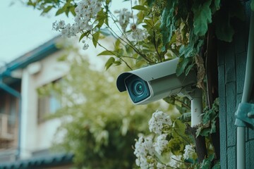 Smart surveillance camera installed in residential area surrounded by greenery and flowers, smart surveillance camera by a professional, in a residential area during summer