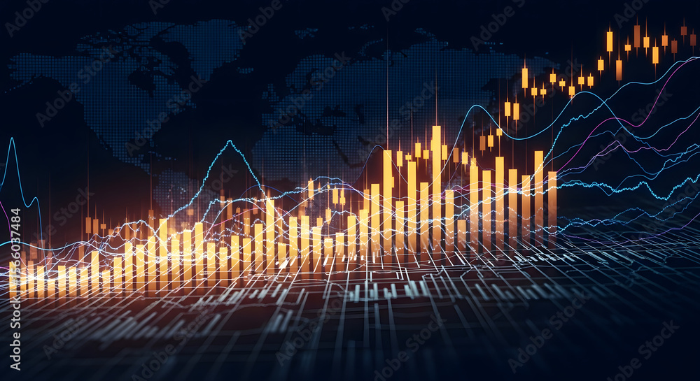 Poster abstract representation of financial market data with rising bar graphs and wavy lines against a wor