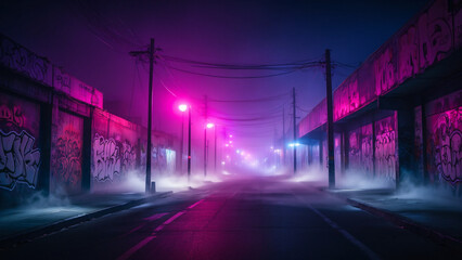 Moody synthwave street scene: graffiti-covered buildings, neon lights, fog.