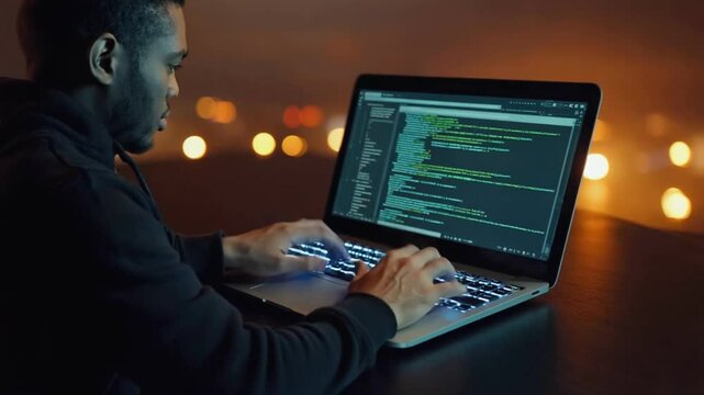 Tech Wizard at Work: A focused individual engrossed in lines of code on a sleek laptop, illuminating the intersection of technology and determination in a modern setting. 