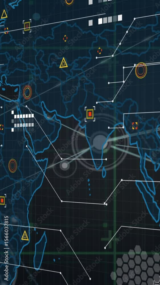 Poster animation of network of connections over grid network against world map on purple background