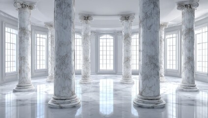 Fototapeta premium Elegant marble columns and large grace a spacious, light-filled hall, creating a serene and classic atmosphere.