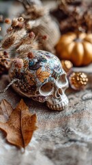 Fototapeta premium Halloween Skull and Autumn Leaves and Pumpkins