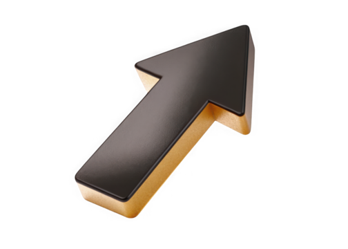 Glossy black arrow pointing up and right with gold trim isolated on transparent background