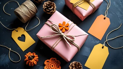 Rustic Gift Wrapping Flat Lay: Kraft Paper Package with Orange Accents
