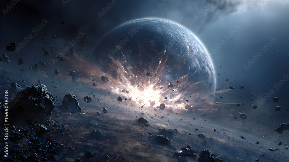 Wall mural a planet exploding in space with debris and a bright light emanating from the center of the explosio
