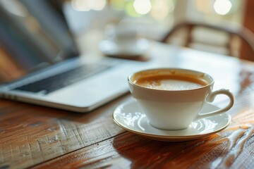 A Cup of Coffee and a Laptop on a Table with a Cup of Coffee and a Laptop