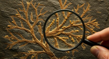 Photo of a fossilized plant viewed through a magnifying glass