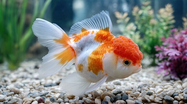 Majestic orange and white goldfish with flowing fins swims in an aquarium with aquatic plants