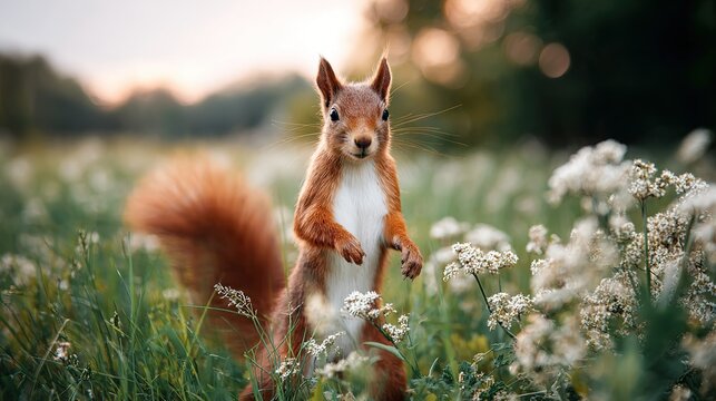 A red squirrel stands alert in a meadow filled with white wildflowers at dawn