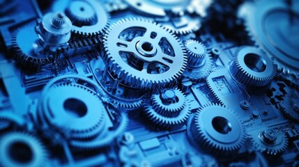 Close-up view of intricate gears and mechanical components.  Blue metallic tones