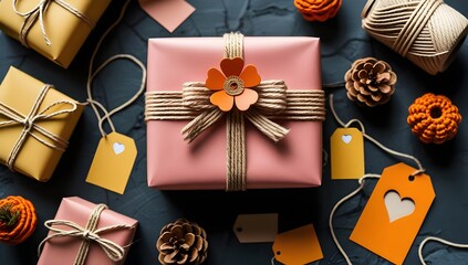 Rustic Gift Wrapping Flat Lay: Kraft Paper Package with Orange Accents
