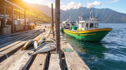 Obraz premium Freshly caught fish lie on a weathered wooden dock as a green and yellow fishing boat bobs gently in the clear blue water on a sunny day near the mountains.
