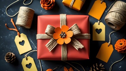 Rustic Gift Wrapping Flat Lay: Kraft Paper Package with Orange Accents
