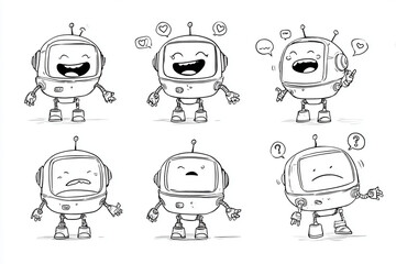 A set of retro cartoon robot icons for web, isolated on white
