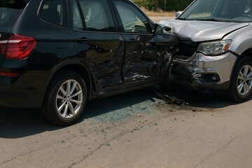 Severe car crash aftermath with two vehicles involved and airbag deployment.