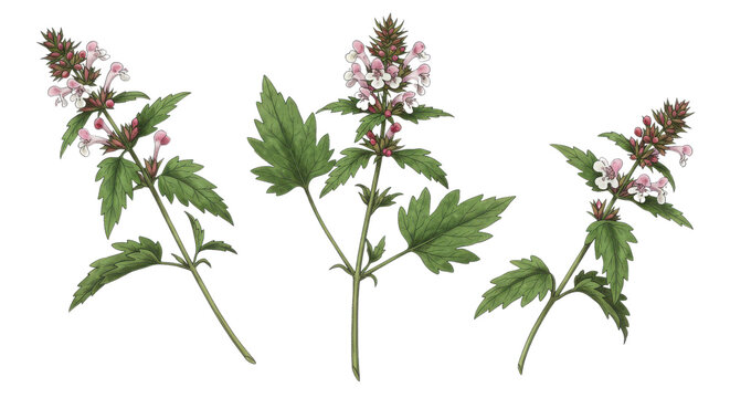 Three branches of hedge nettle plant with leaves and flowers isolated PNG with Transparent Background