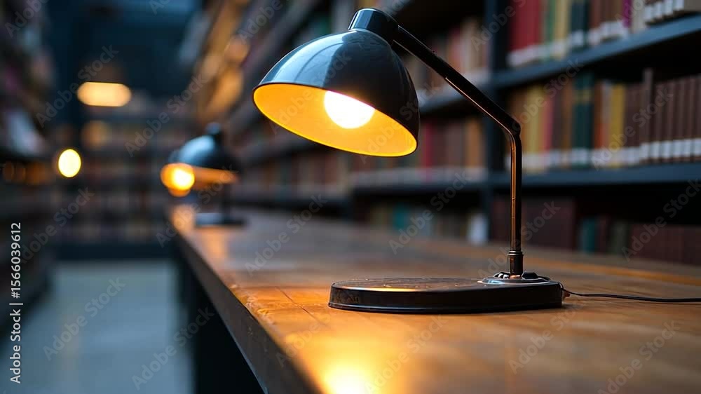 Poster close up of a black table lamp illuminating a wooden table with warm light in a library setting. boo