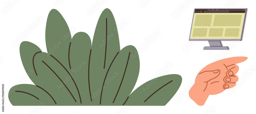 Poster hand gesture directing to a monitor with a web layout, paired with lush green leaves. ideal for tech