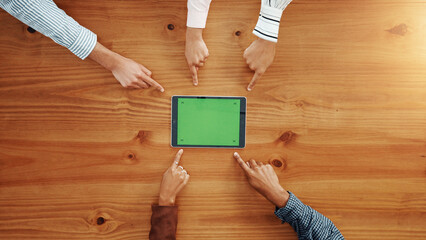 Green screen, tablet and hands of business people pointing in office for research, email or networking. Chroma key, mockup space and corporate employees with digital technology for communication.