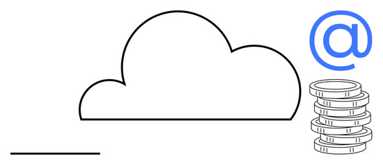 Cloud with stacked coins and symbol combining technology and finance concepts. Ideal for cloud computing, digital economy, email technology, finance, savings, communication, online business. Simple