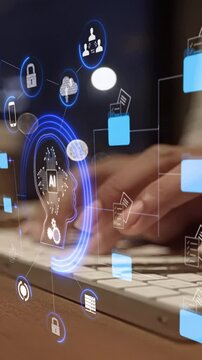 Ai Futuristic holographic interface of a file manager, folder structure with documents and data scanning, digital document storage software, cloud database, search and manage documents, paperless