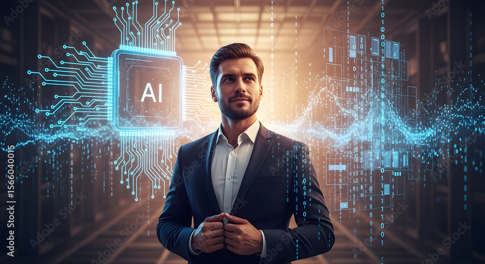 Poster a confident businessman stands before a futuristic ai circuit board and data visualization display.