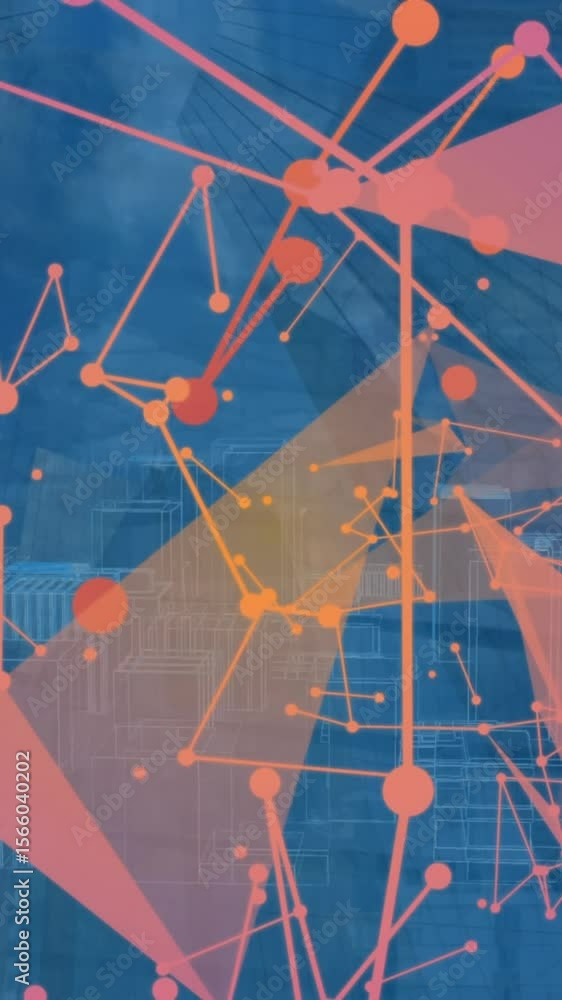 Poster animation of connected dots over low angle view of buildings and 3d model of city on blue background