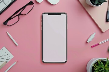 Ultra Hd Visual of Top View of Workspace with Supplies and Smartphone Mockup