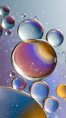 Fototapeta premium Colorful bubbles floating in abstract background macro photography