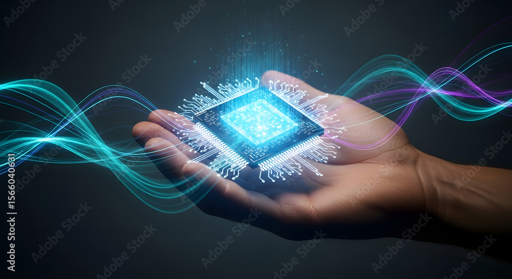 Poster hand holding a glowing microchip with abstract light waves emanating from it, representing technolog