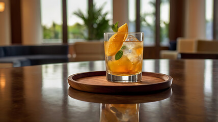 A welcome drink served in an elegant glass, placed on a wooden tray or table inside a hotel setting.The background features a softly blurred hotel lobby, lounge,or neatly made bed to suggest comfort 