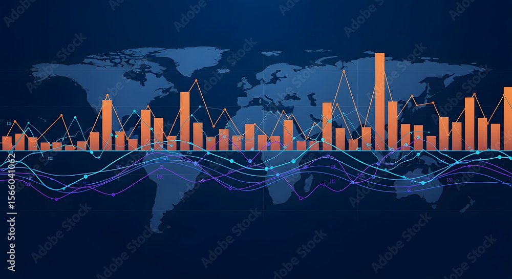Poster global economic trends visualized with interconnected bar and line graphs overlaid on a world map, i