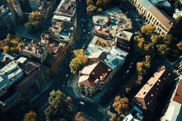 Obraz premium Aerial view showcases the vibrant architecture and historical landmarks of Tbilisi, Georgia, Aerial Boom Shot Reveals Chronicles of Georgia in Tbilisi Capital City