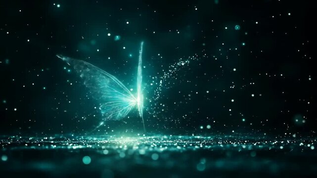 Shiny digital butterfly flying in glitter particles  
