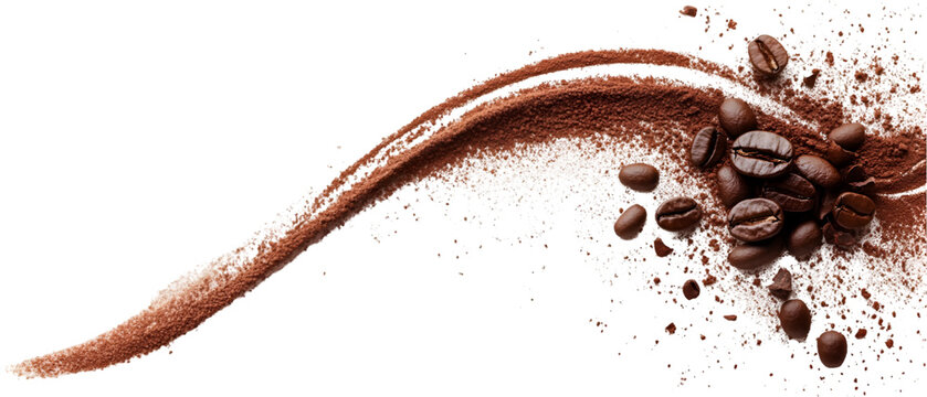 Coffee beans are arranged with coffee powder on a transparent background, perfect for coffee shops and culinary art projects.