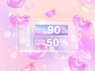 Transparency coupon banner for Discount online shopping with Holography Vibrant Gradient hearts shape and decorations background. Vector Premium.