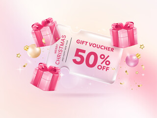 Transparency coupon banner for Discount online shopping with Merry christmas gift box decorations background. Vector Premium.