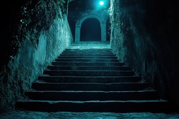 Exploring ancient ruins at night while descending dimly lit stone steps, Moving Down Steps Of Ancient Ruins In The Dark